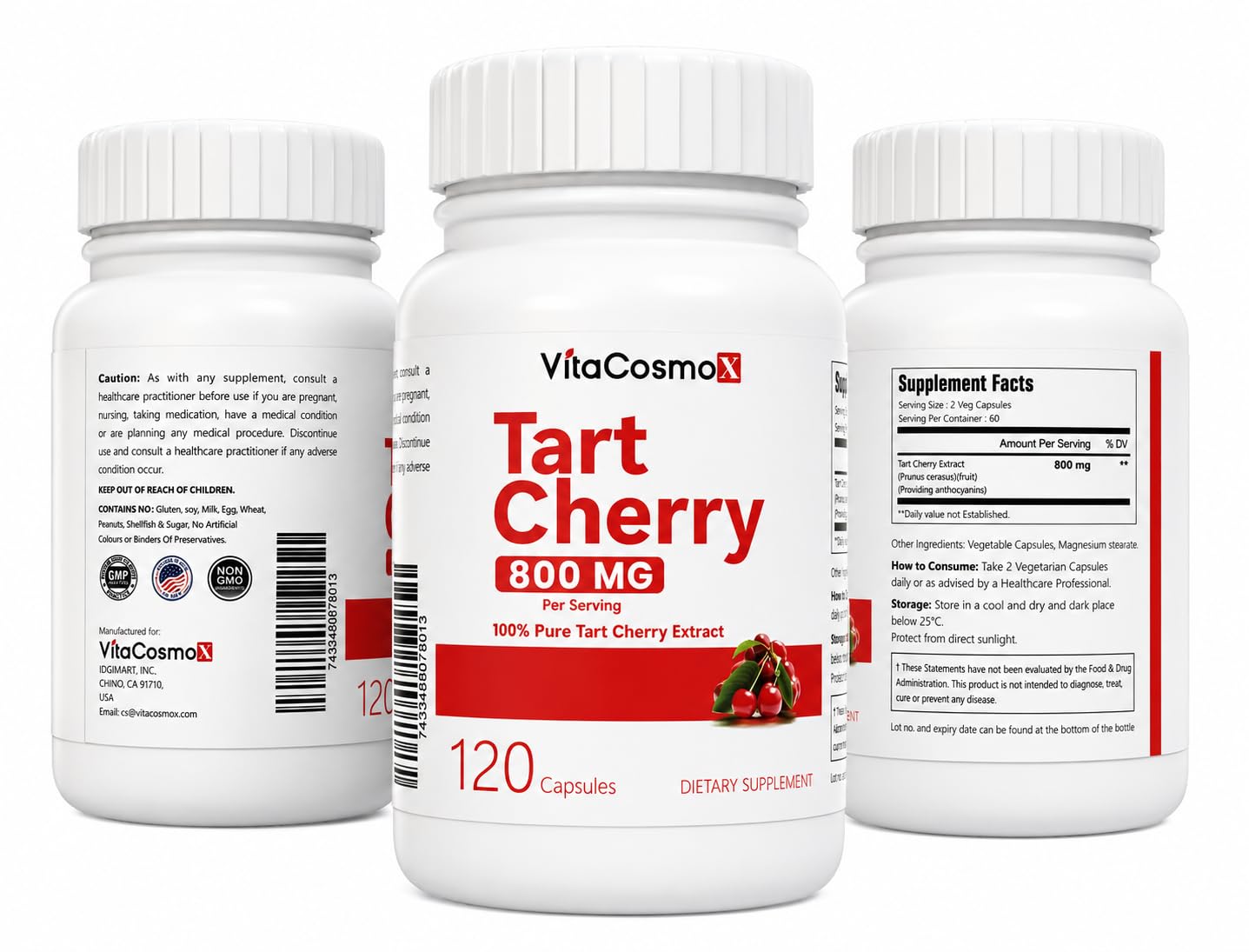 VitaCosmoX Tart Cherry Extract Supplement 800 mg Capsule 120 Count