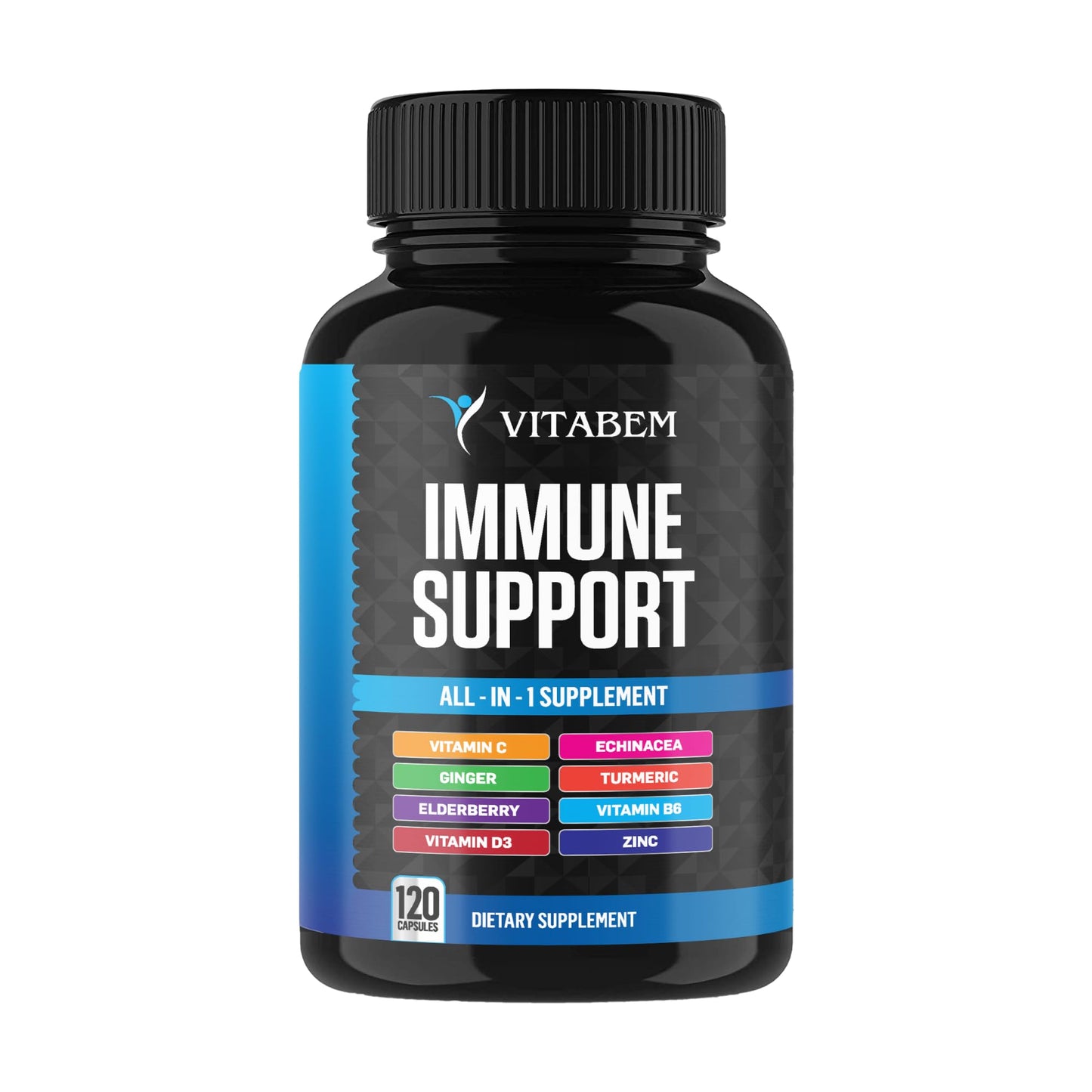 Vitabem 8 in 1 Immune Support Booster Supplement with Echinacea, Vitamin C and Zinc 50mg, Vitamin D 5000 IU, Turmeric Curcumin & Ginger, B6, Elderberry, 120 Count Capsules