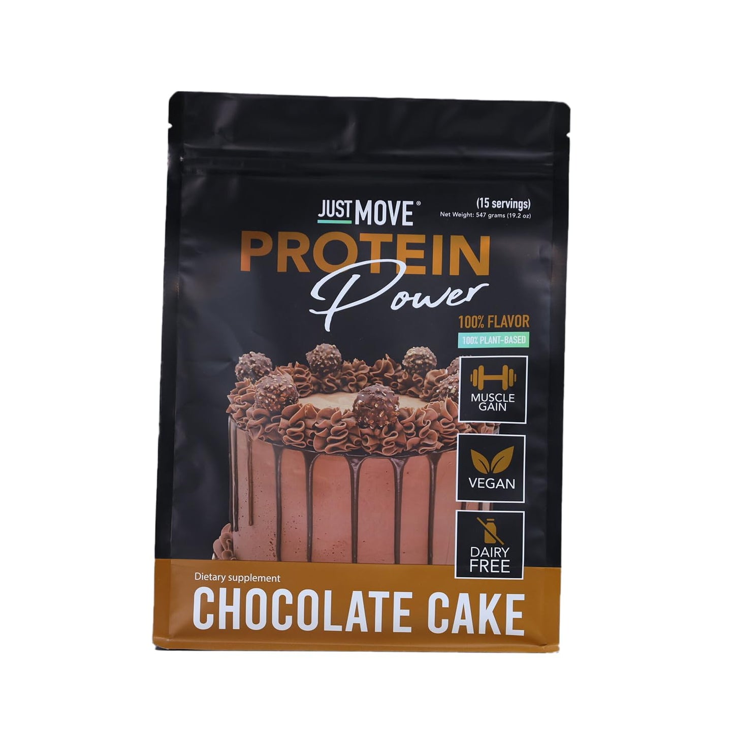 Just Move Protein Powder Chocolate Cake - Vegan (Plant Based), Organic, Dairy Free, Soy Free, Gluten Free, Keto, Peanut Free, 20g Protein, Low Carb, Non-GMO, 19.2 oz