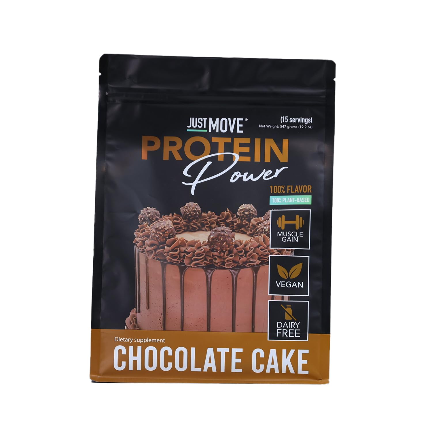 Just Move Protein Powder Chocolate Cake - Vegan (Plant Based), Organic, Dairy Free, Soy Free, Gluten Free, Keto, Peanut Free, 20g Protein, Low Carb, Non-GMO, 19.2 oz