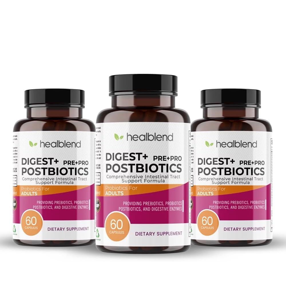 Healblend Digest + Postbiotics Supplement for Women and Men, Multi Enzymes, Organic Prebiotic & Probiotic for Digestive Health with Bromeline, Papin and Lipase Capsules, 60 Count