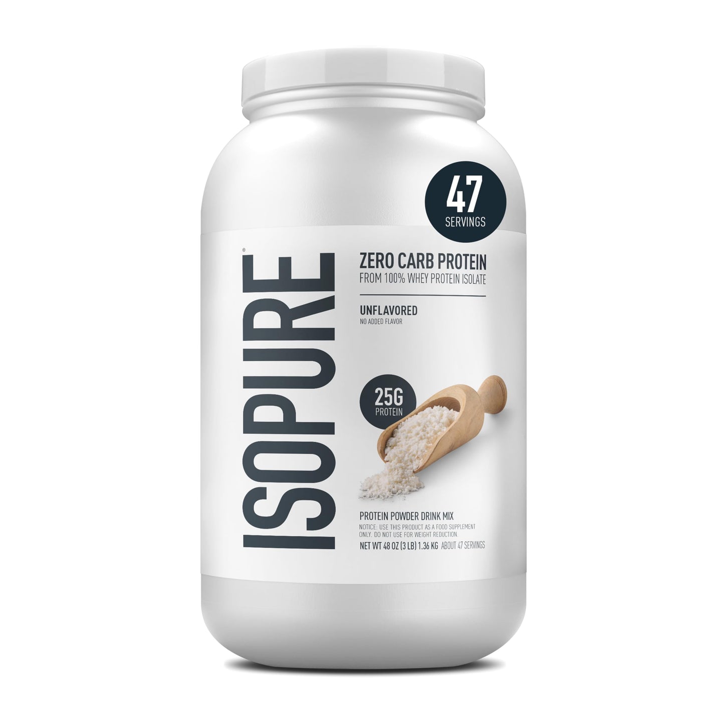 Isopure Zero Carb 100% Pure Whey Isolate Protein Powder, Unflavored, 48 Servings