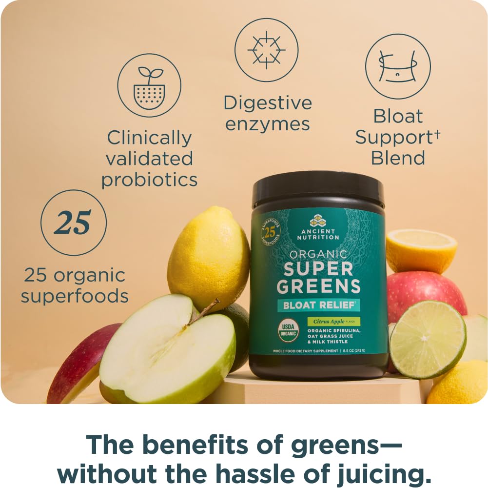 Ancient Nutrition Organic SuperGreens Bloat Relief Powder, 8.5 oz