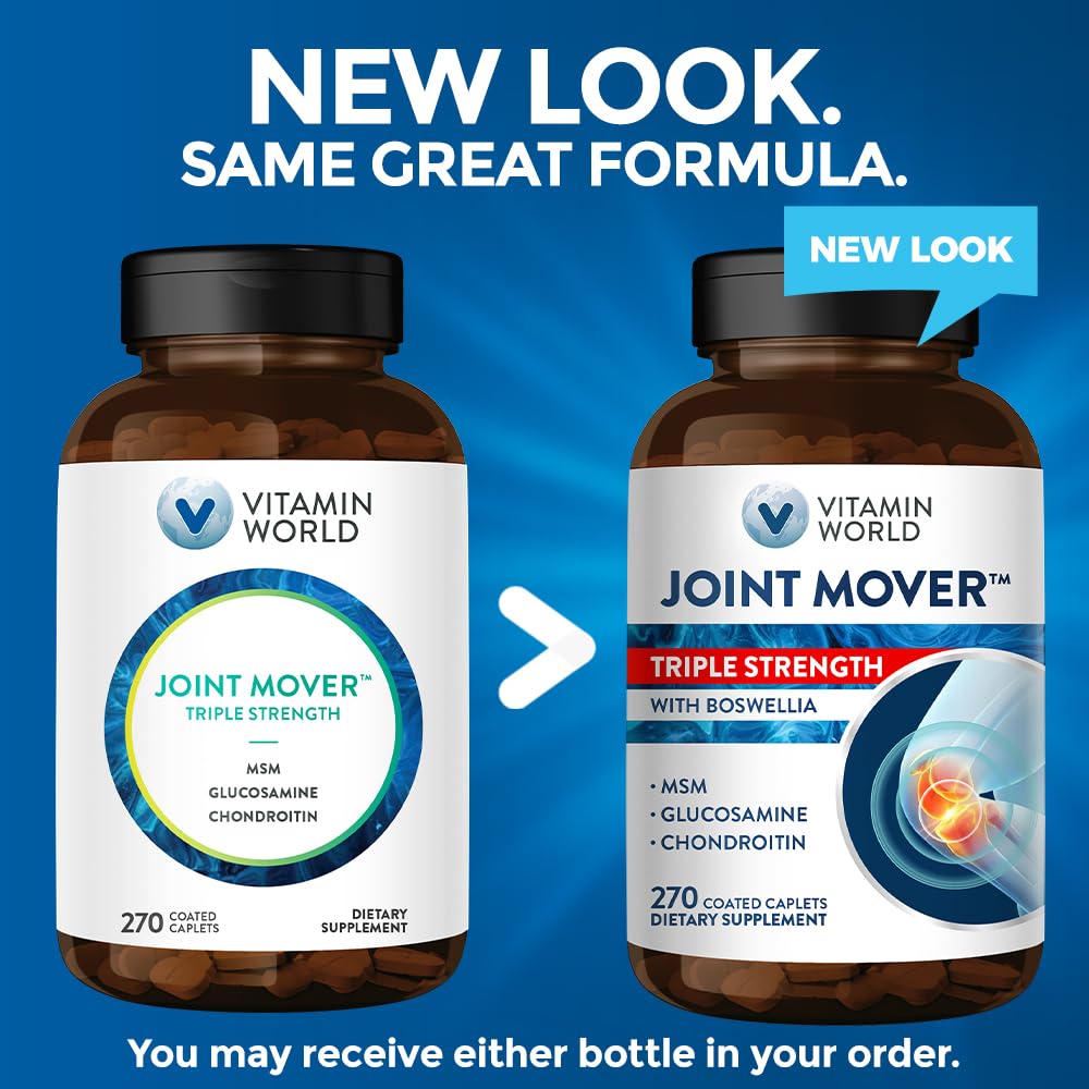 Vitamin World Triple Strength Joint Mover Glucosamine Chondroitin with MSM Joint Support Supplement Collagen & Boswellia Serrata Extract Caplets 270 Count