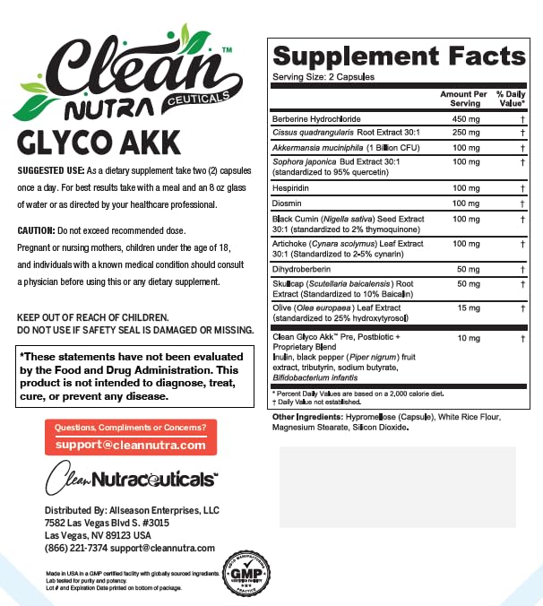 Clean Nutraceuticals Glyco Akk Akkermansia Probiotic with Berberine HCL, Hesperidin & Diosmin, Skullcap and Prebiotics, All-in-One Formula, Non-GMO, Vegan, Lab Tested, 60 Capsules