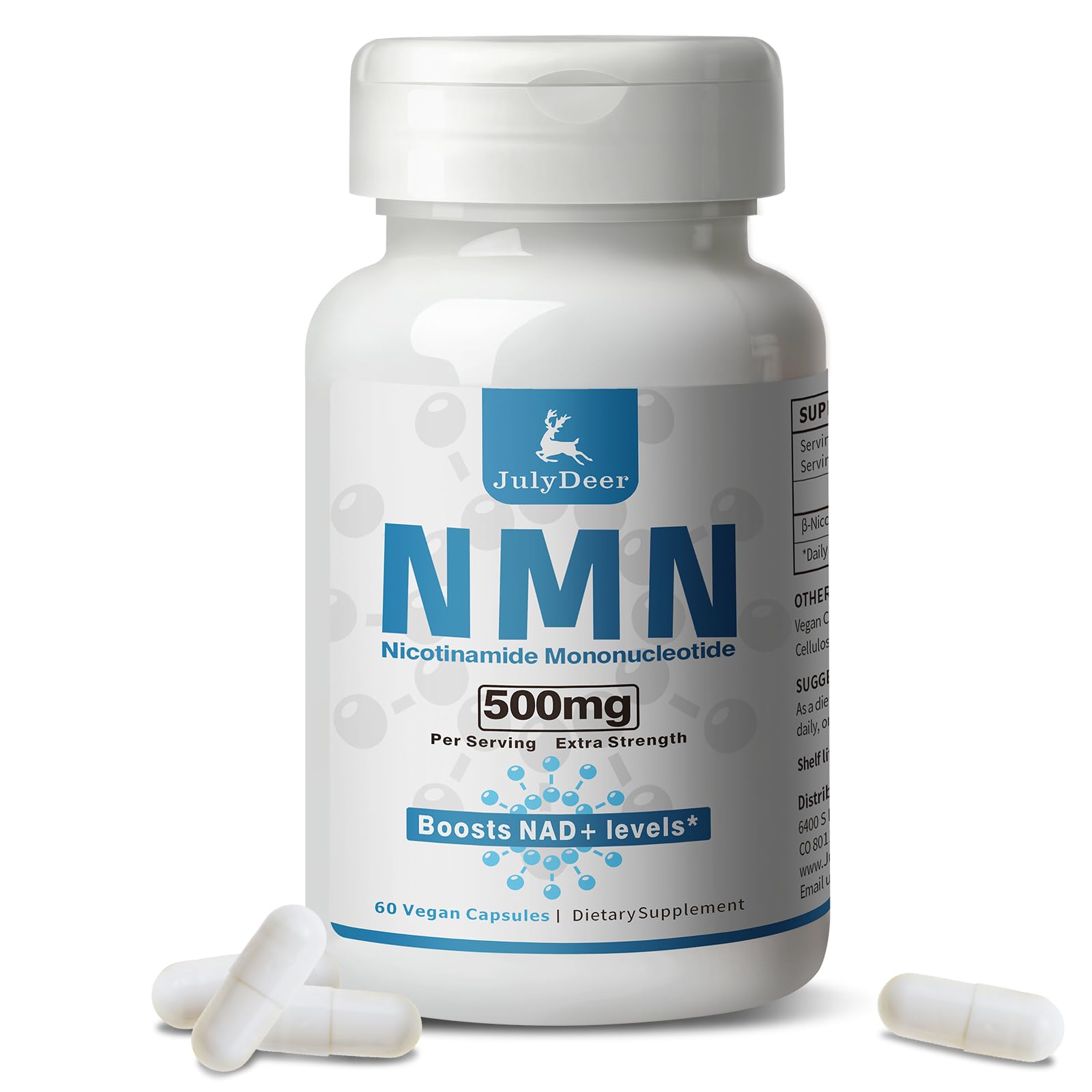 JulyDeer Pure NMN 500mg Nicotinamide Mononucleotide Capsule, 60 Count