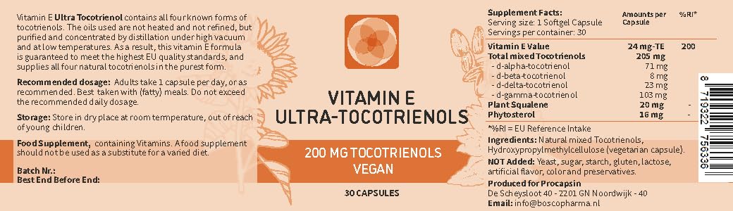 Procapsin Ultra Tocotrienol 200mg Vitamin E Vegan - All 4 Tocotrienols - No Tocopherols Capsule 30 Count