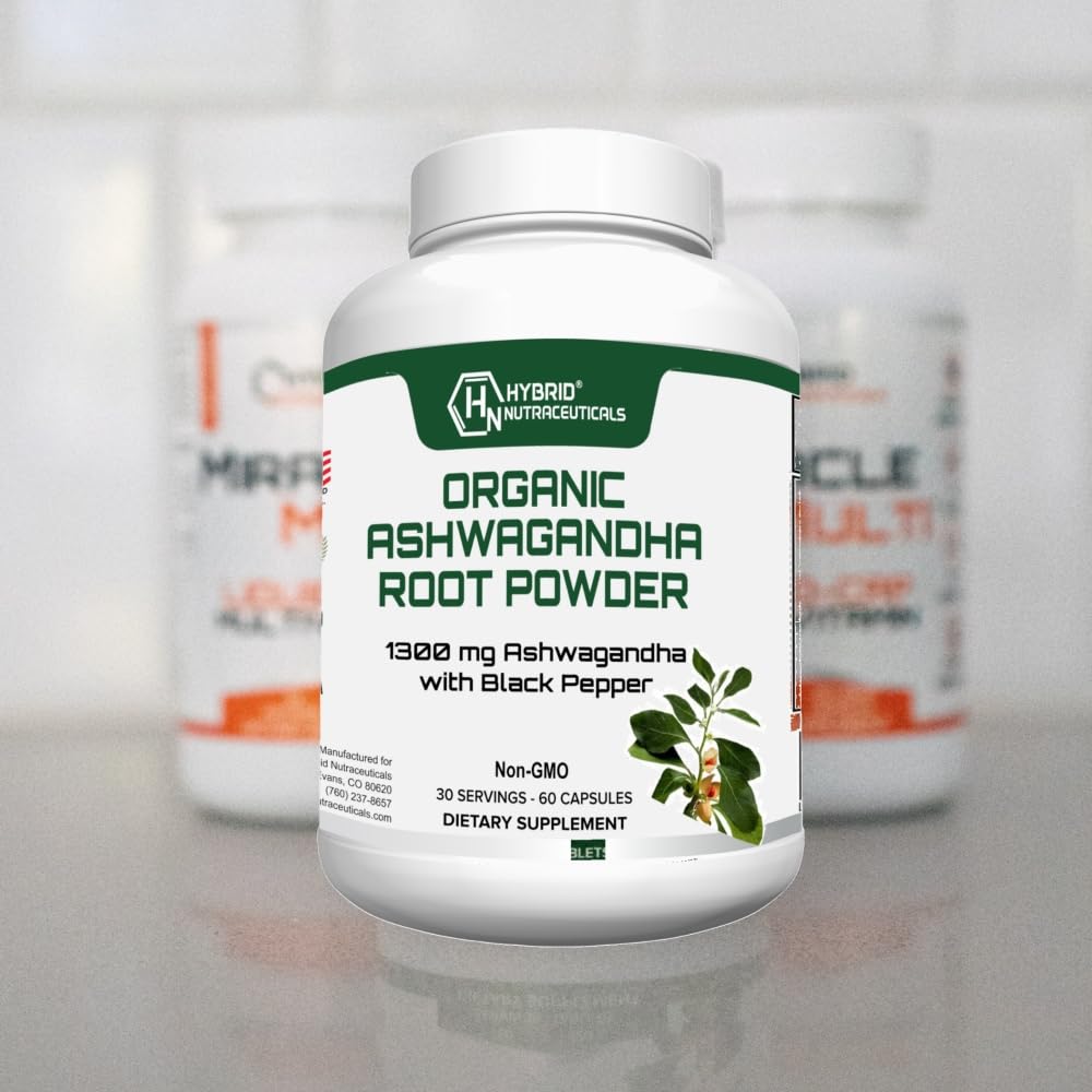 Hybrid Nutraceuticals Organic Ashwagandha Root Powder Capsules 1300mg with Black Pepper Extract, 60 Capsules