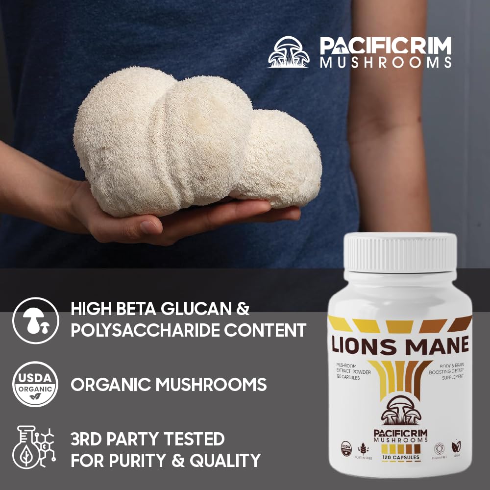 Pacific Rim Mushrooms Lion’s Mane Mushroom Extract Capsules 120 Count