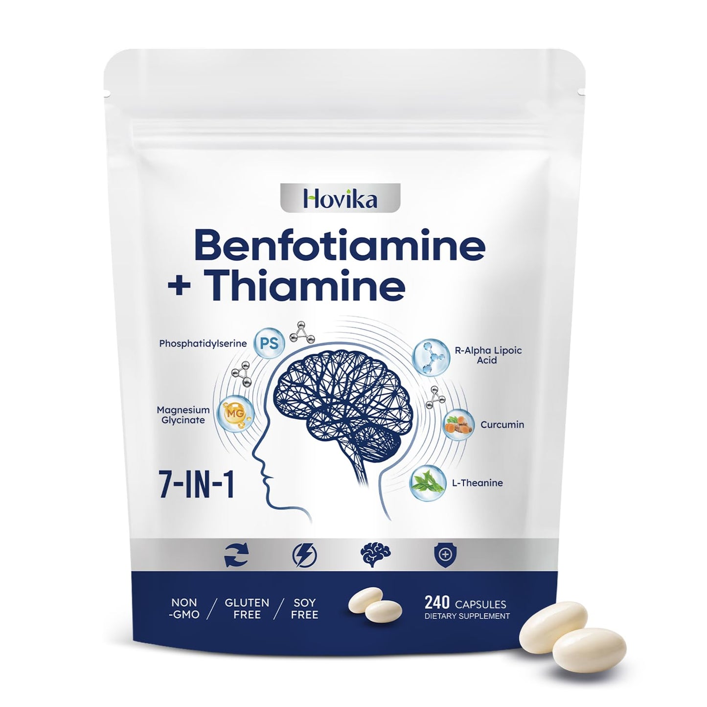Hovika Vitamin B1 Benfotiamine 300mg with R-ALA 600mg & Thiamine - Advanced Nerve Support Supplement with Phosphatidylserine, L-Theanine, Turmeric & Magnesium - Non-GMO, Gluten Free, 240 Softgels