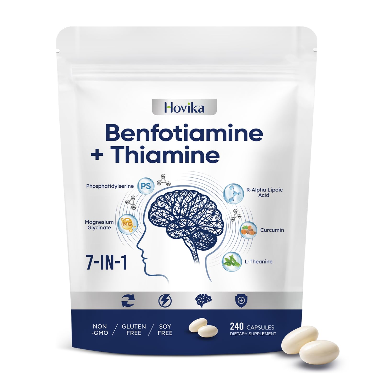 Hovika Vitamin B1 Benfotiamine 300mg with R-ALA 600mg & Thiamine - Advanced Nerve Support Supplement with Phosphatidylserine, L-Theanine, Turmeric & Magnesium - Non-GMO, Gluten Free, 240 Softgels