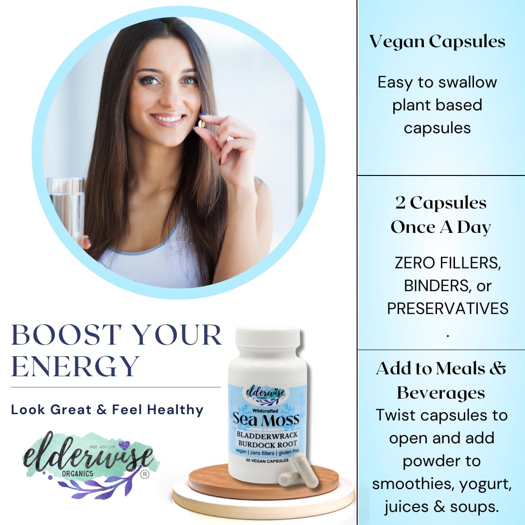 Elderwise Organics Made With Love Sea Moss Capsules with Burdockroot & Bladderwrack 60 Count