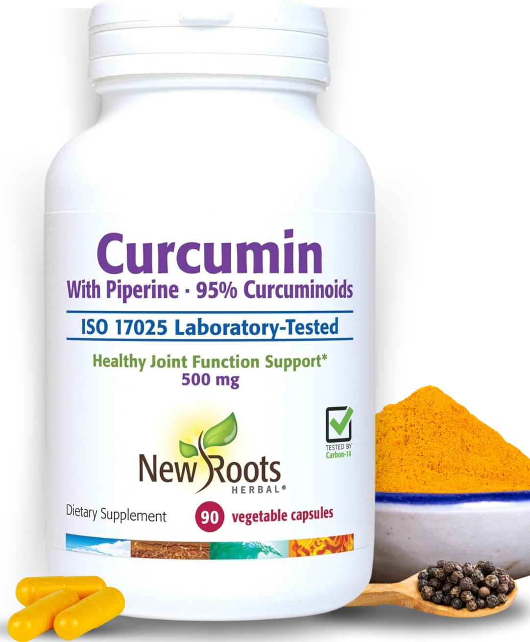 NEW ROOTS HERBAL Turmeric Curcumin Supplement 500mg with Black Pepper Extract, 90 Veg Capsules