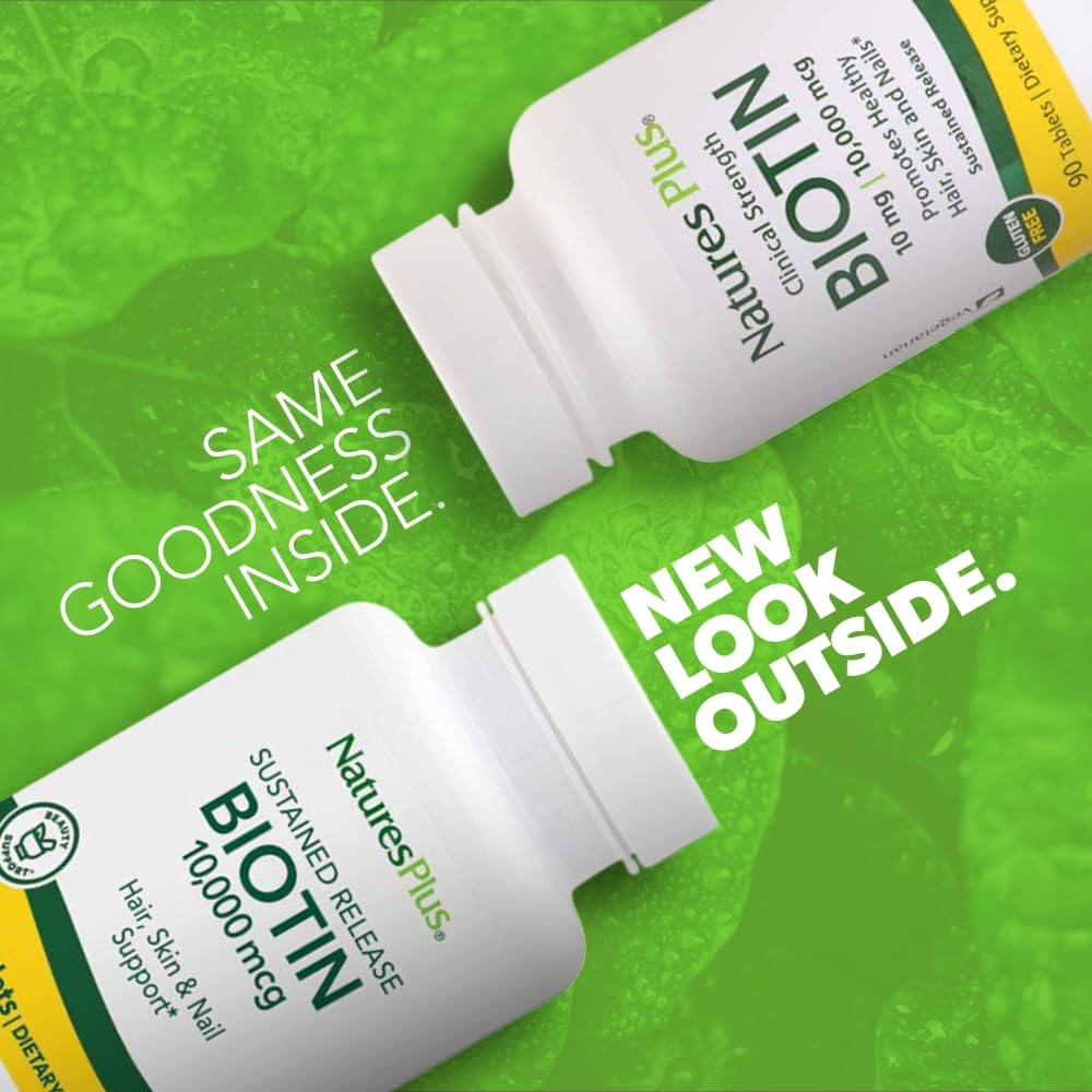NaturesPlus Biotin 10,000 mcg - 90 Sustained-Release Tablets - Hair, Skin & Nail Support - Vegetarian, Gluten Free - 90 Servings