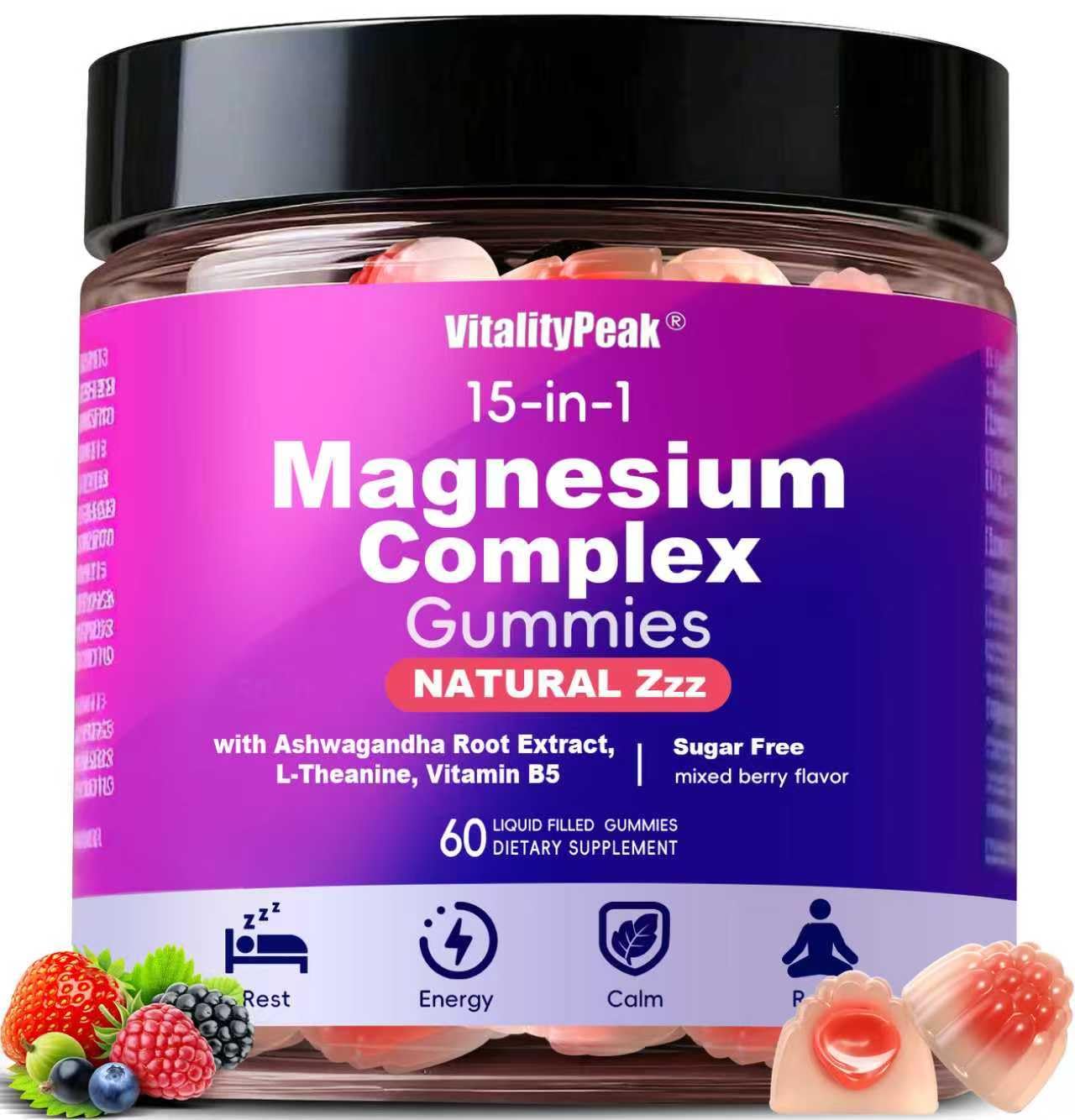 VitalityPeak Magnesium Sleep Gummies 400mg – Calm Magnesium Complex Gummies for Sleep Support & Relaxation with L-Theanine & Ashwagandha – Non Melatonin, Sugar Free Vegan, 60 Count