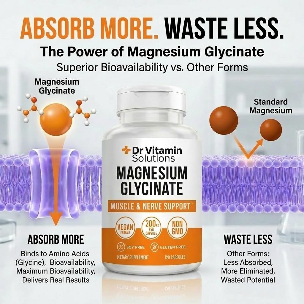 DR VITAMIN SOLUTIONS Magnesium Glycinate 200mg High Absorption Chelated Magnesium Supplement Capsules 120 Count