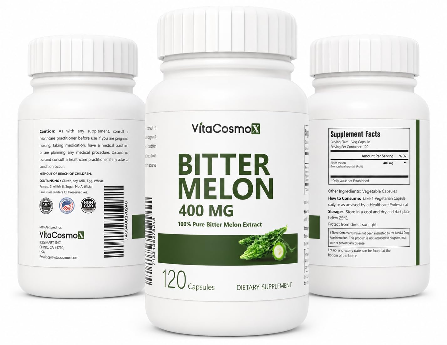 VitaCosmoX Bitter Melon Root 400 mg Capsule, 120 Vegan Capsules