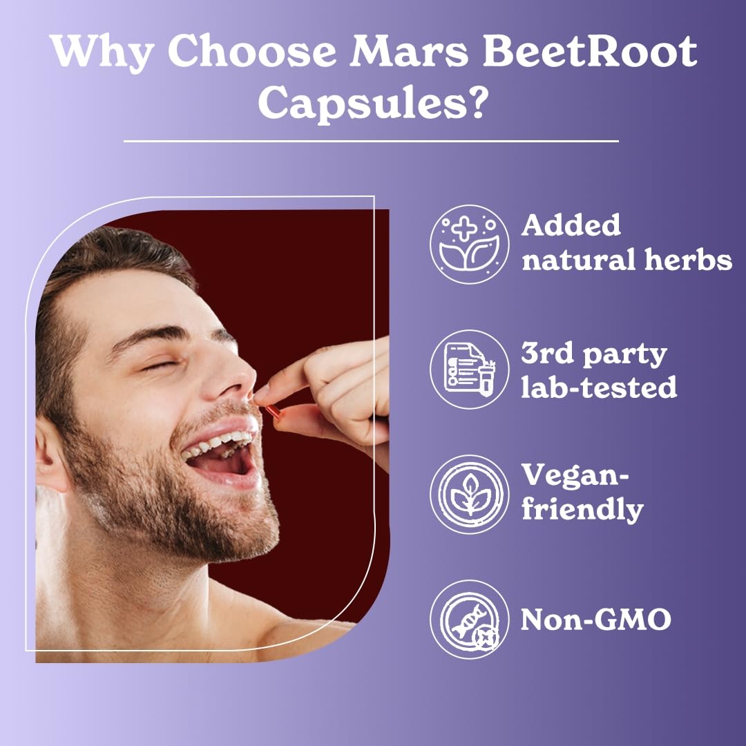 Mars by GHC Mars Beetroot Capsules with L-Arginine, Garlic, Pomegranate & Blueberry, Nitric Oxide Booster Supplement, Capsule, 60 Count