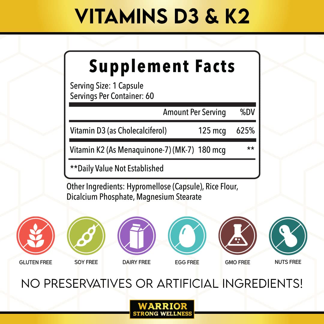 Warrior Strong Wellness Vitamin D3 and K2 Supplement Capsule, 60 Veggie Capsules