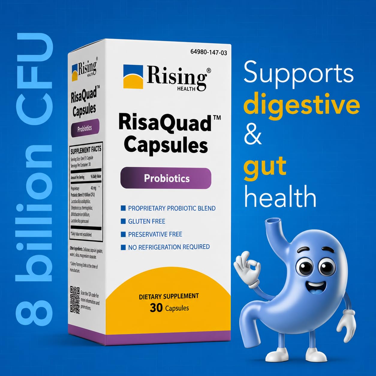 Rising RisaQuad Probiotic 40 mg (8 Billion CFU+), Proprietary Probiotic Blend for Daily Digestive & Gut Flora Support, 30 Capsules