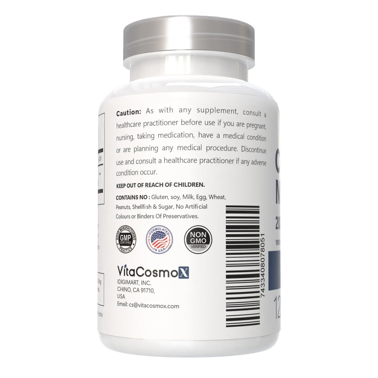VitaCosmoX Chelated Magnesium Bisglycinate 200mg Capsules, 120 Count