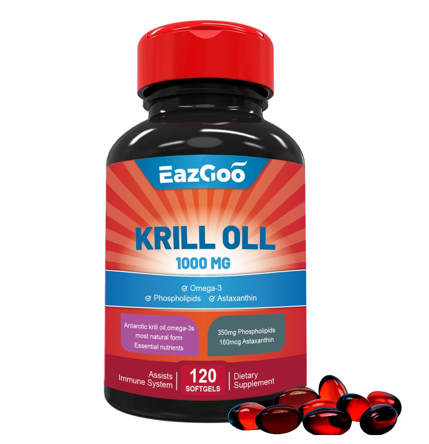 EAZGOO Antarctic Krill Oil 1000mg Omega-3 EPA DHA Phospholipids Astaxanthin Softgels 120
