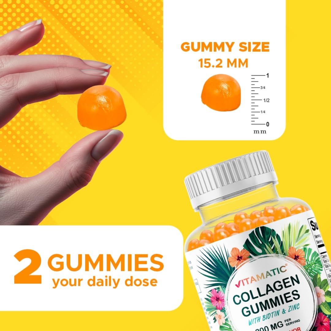 Vitamatic Hydrolyzed Collagen Gummies with Vitamin C, Zinc and Biotin, 200 mg, 60 Gummies