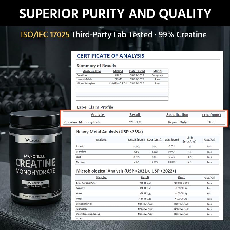 ML Naturals Micronized Creatine Monohydrate 5g (Per Serving) Powder, 10.5 oz