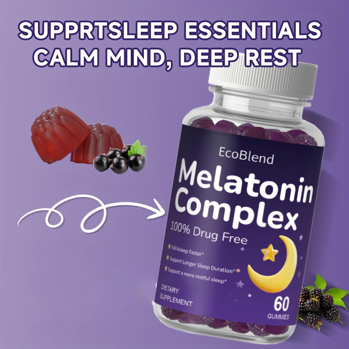 EcoBlend Sleep Gummies 10mg Melatonin Magnesium Sleep Supplement for Adults, Raspberry Flavor, 90 Gummies