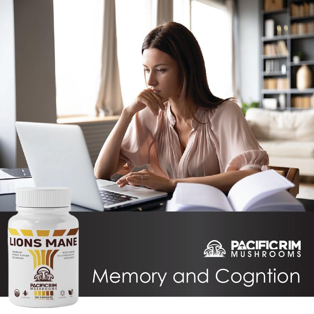 Pacific Rim Mushrooms Lion’s Mane 10,000 mg Equivalent – 10:1 Organic Extract with Verified Beta-Glucans Capsules, 300