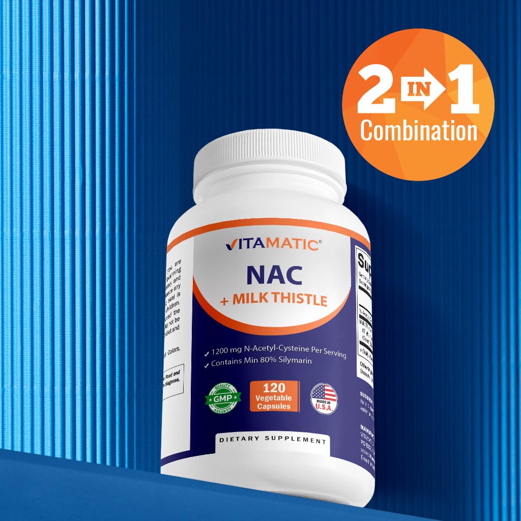 Vitamatic NAC Supplement N-Acetyl-L-Cysteine (NAC) with Milk Thistle 50:1 Extract, 120 Veg Capsules