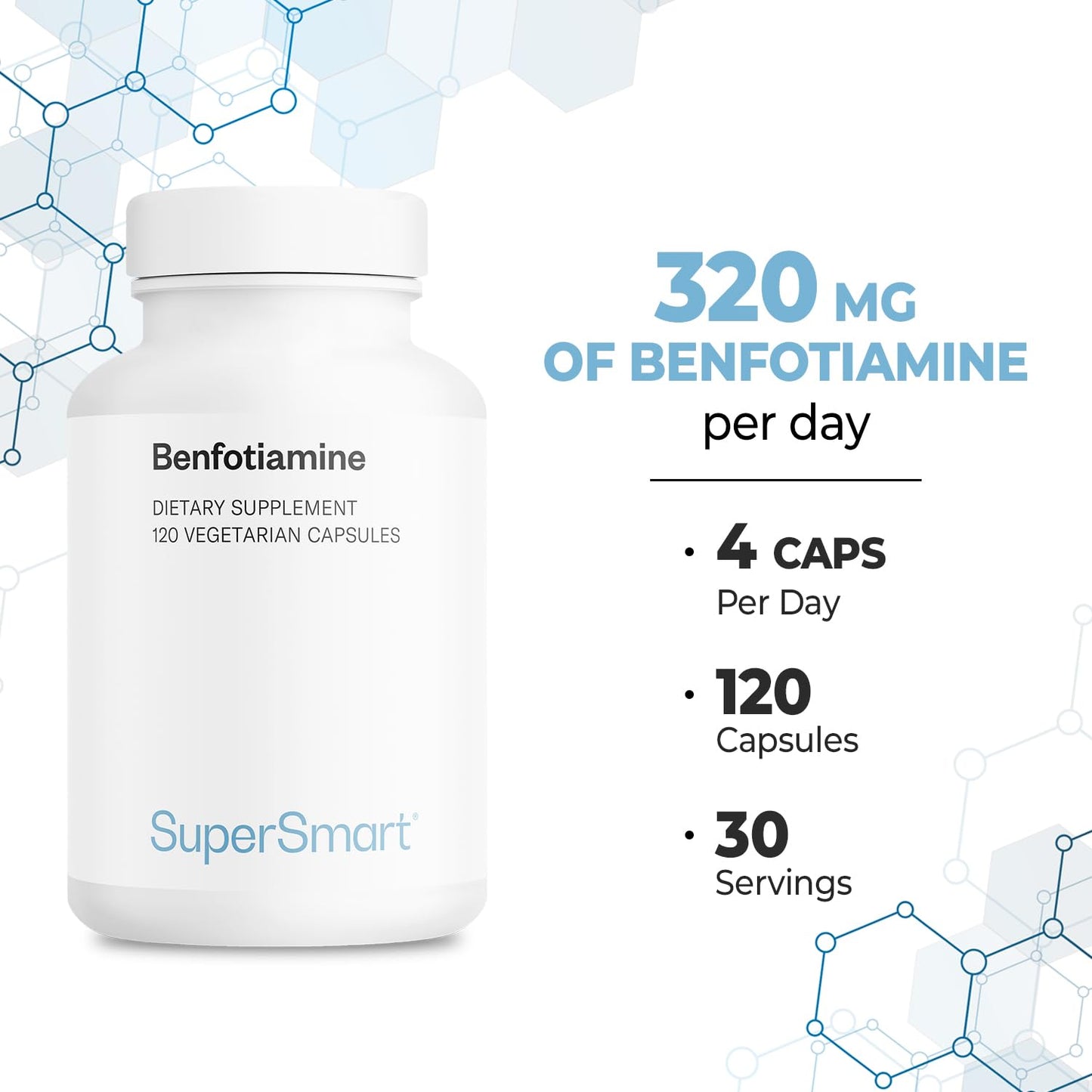 Supersmart Benfotiamine 320mg per Day (High Potency) Bioavailable Thiamine Vitamin B1 Benfotiamine Supplement Capsules, 120 Count