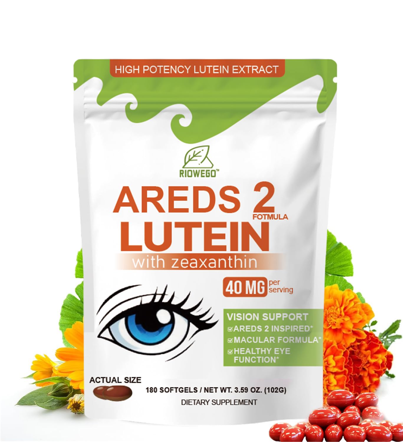 RIOWEGO AREDS 2+ Advanced Lutein & Zeaxanthin Supplement, 40 mg Lutein & Zeaxanthin with Astaxanthin, Omega-3 EPA/DHA, 180 Softgels