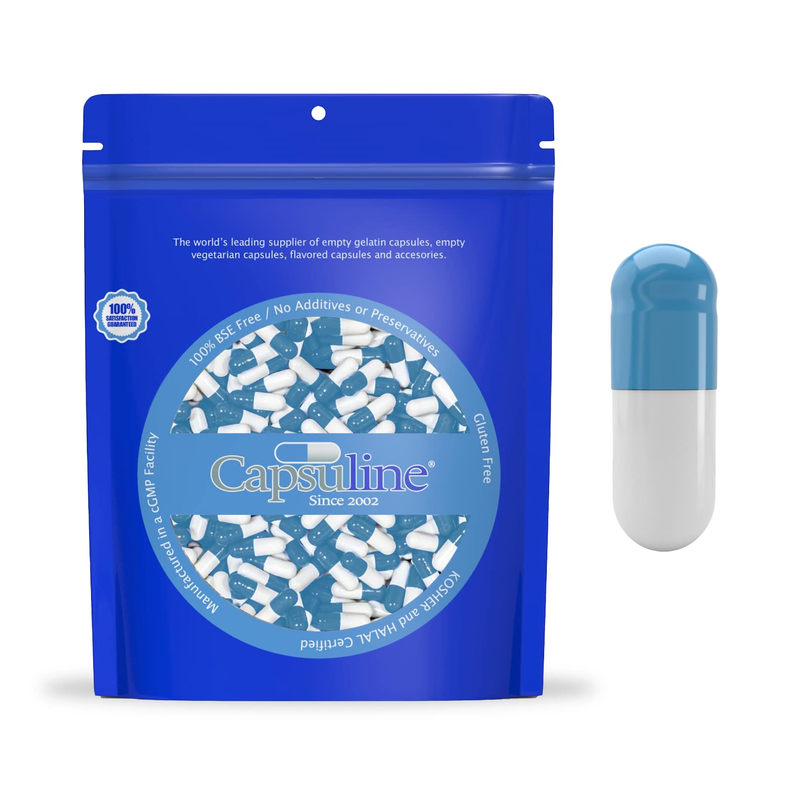 Capsuline Colored Empty Gelatin Capsules Blue/White, 50,000 Count