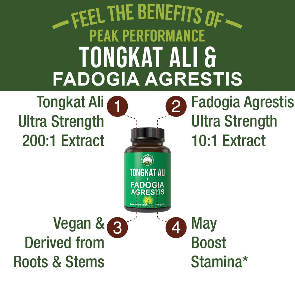 Peak Performance Tongkat Ali + Fadogia Agrestis 2-in-1 T Supplement for Men Capsules 60 Count