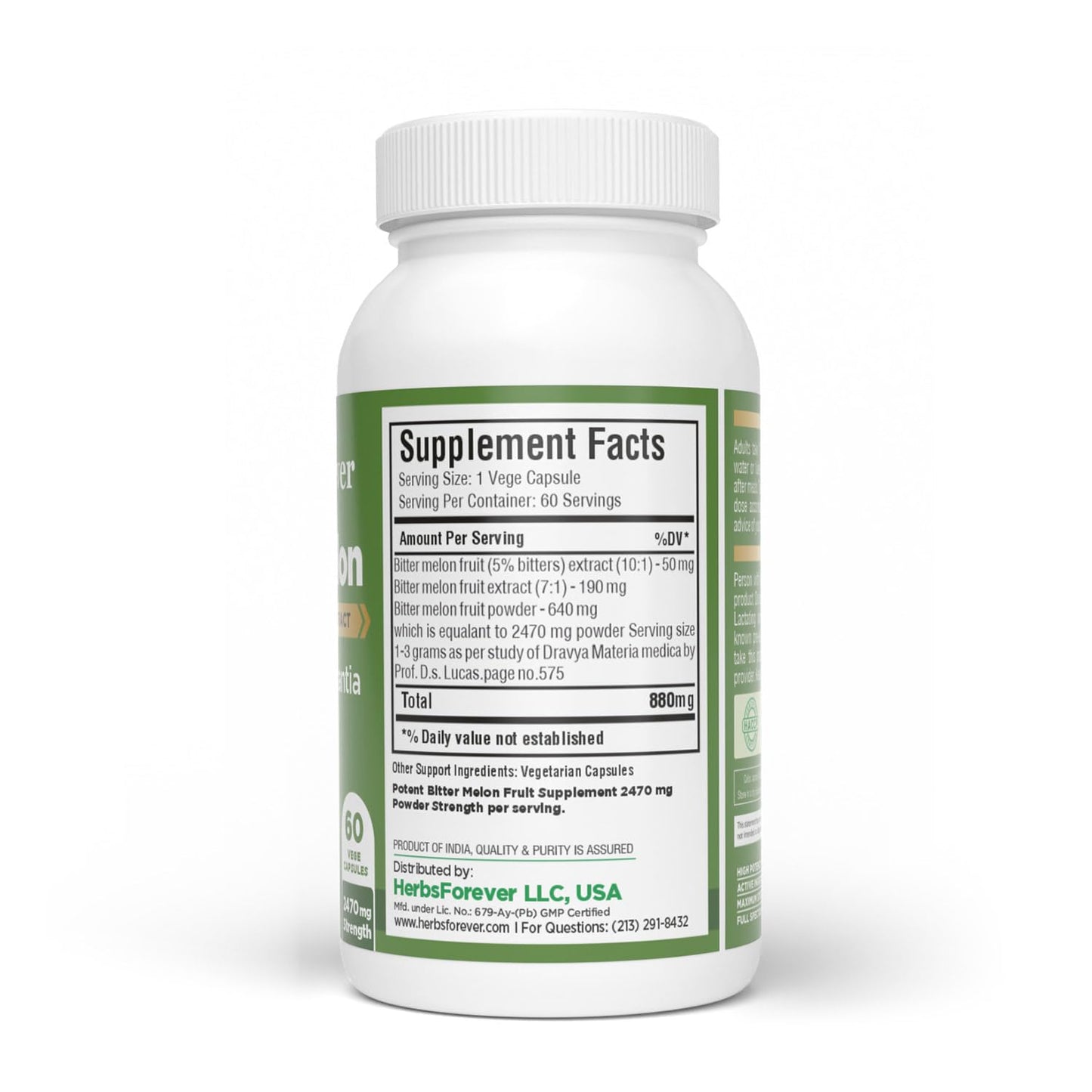 HerbsForever Bittermelon/Gourd Extra Strength 10:1 Extract, 4250 mg Fruit Powder Equivalent per Serving, 60 Capsules