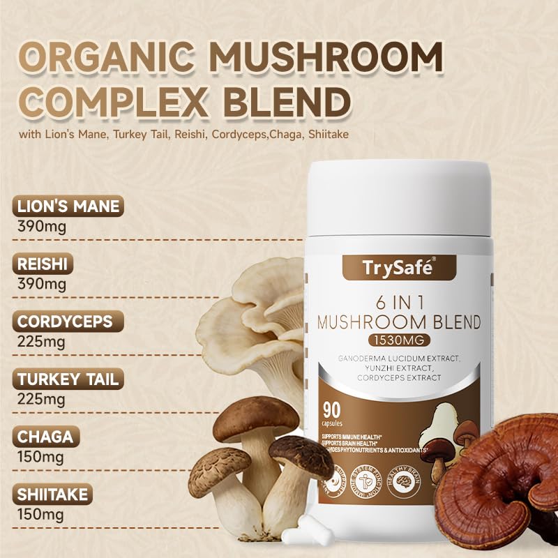 TrySafe 6-in-1 Organic Mushroom Complex Blend 1530mg with Lion's Mane, Turkey Tail, Reishi, Cordyceps, Chaga, Shiitake Capsules, 90 Count
