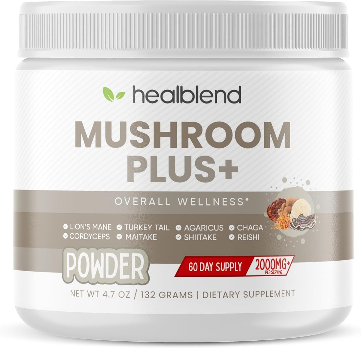 Healblend Mushrooms Extract Supplement Blend - Lions Mane, Cordyceps, Agaricus, Turkey Tail, Reishi, Chaga, Shiitake, Maitake Plus Adaptogen Complex Powder 4.66 oz