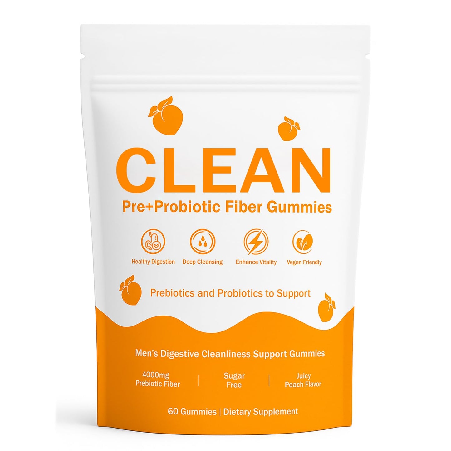 TADALAPRO Clean Prebiotic Fiber Gummies for Men, Pre+Probiotic Fiber Gummies, Gut Balance, Digestive Support & Daily Clean Confidence, Men's Cleaning Support Gummies, Peach Flavor, 60 Count