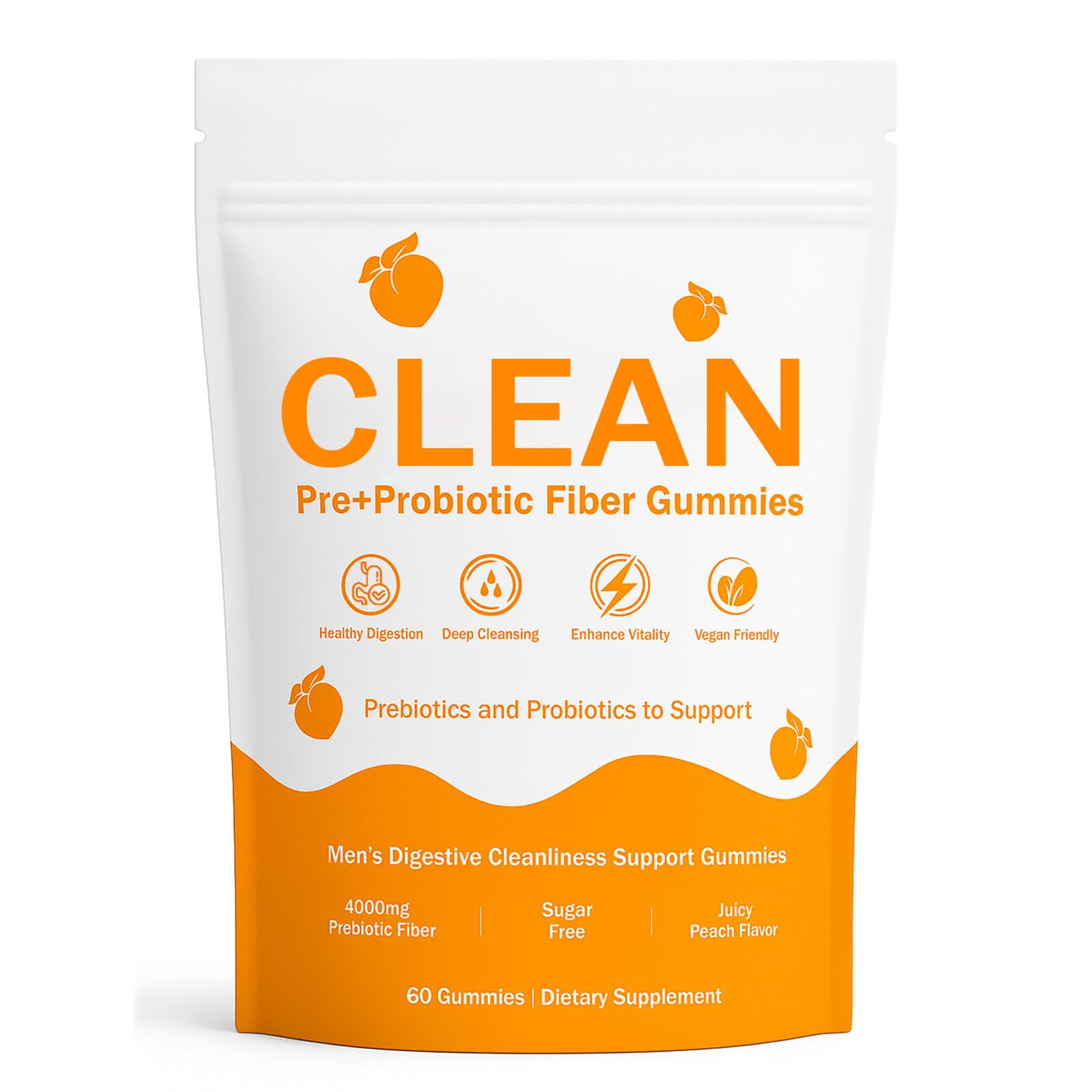 TADALAPRO Clean Prebiotic Fiber Gummies for Men, Pre+Probiotic Fiber Gummies, Gut Balance, Digestive Support & Daily Clean Confidence, Men's Cleaning Support Gummies, Peach Flavor, 60 Count