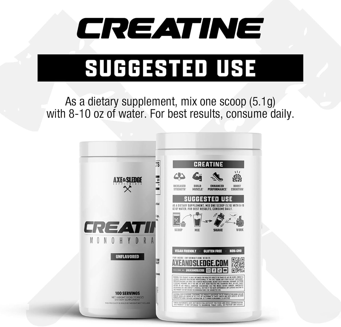 Axe & Sledge Creatine Monohydrate Powder, 100 Servings