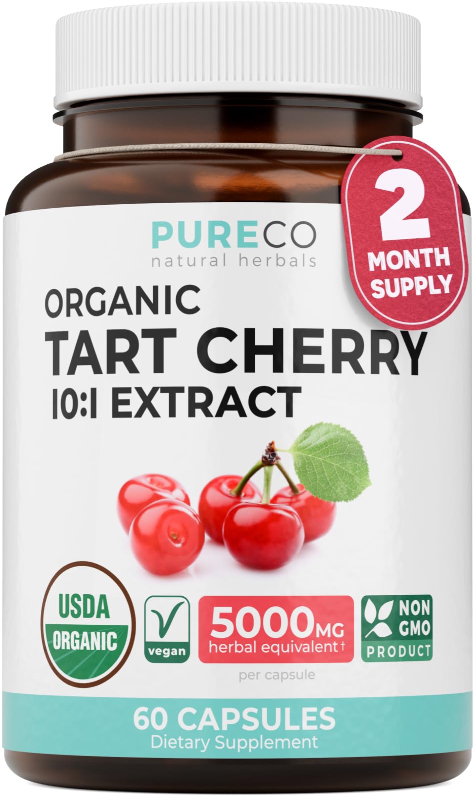 PURE CO Tart Cherry Capsules, USDA Organic, 500mg 4:1 Organic Tart Cherry Extract per Capsule, 60 Capsules