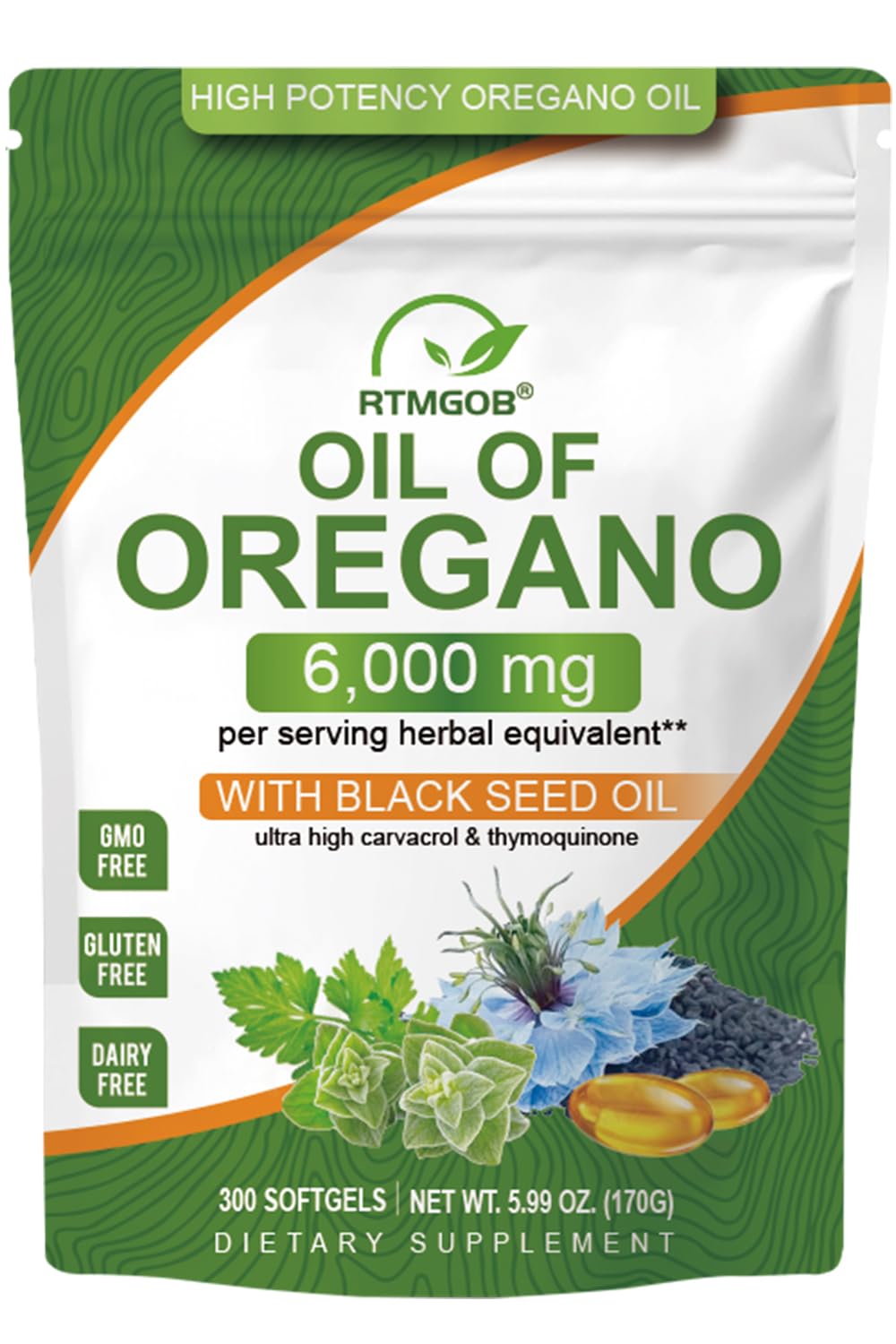 RTMGOB Oil of Oregano Softgels with Black Seed Oil, 300 Softgels