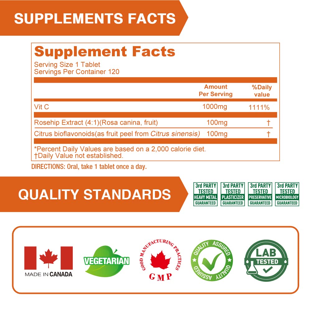 LOVITA Vitamin C 1000mg with Bioflavonoids & Rose Hips Timed Release Coating High Potency Tablet 360