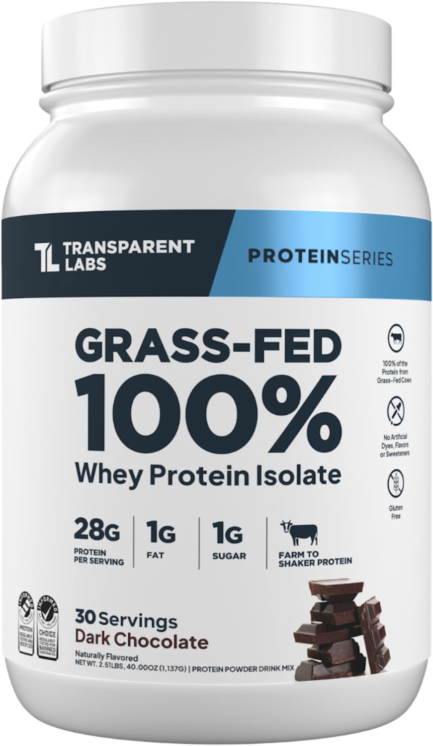 Transparent Labs Grass-Fed Whey Protein Isolate Powder, Naturally Flavored, Gluten Free, 30 Servings, Dark Chocolate