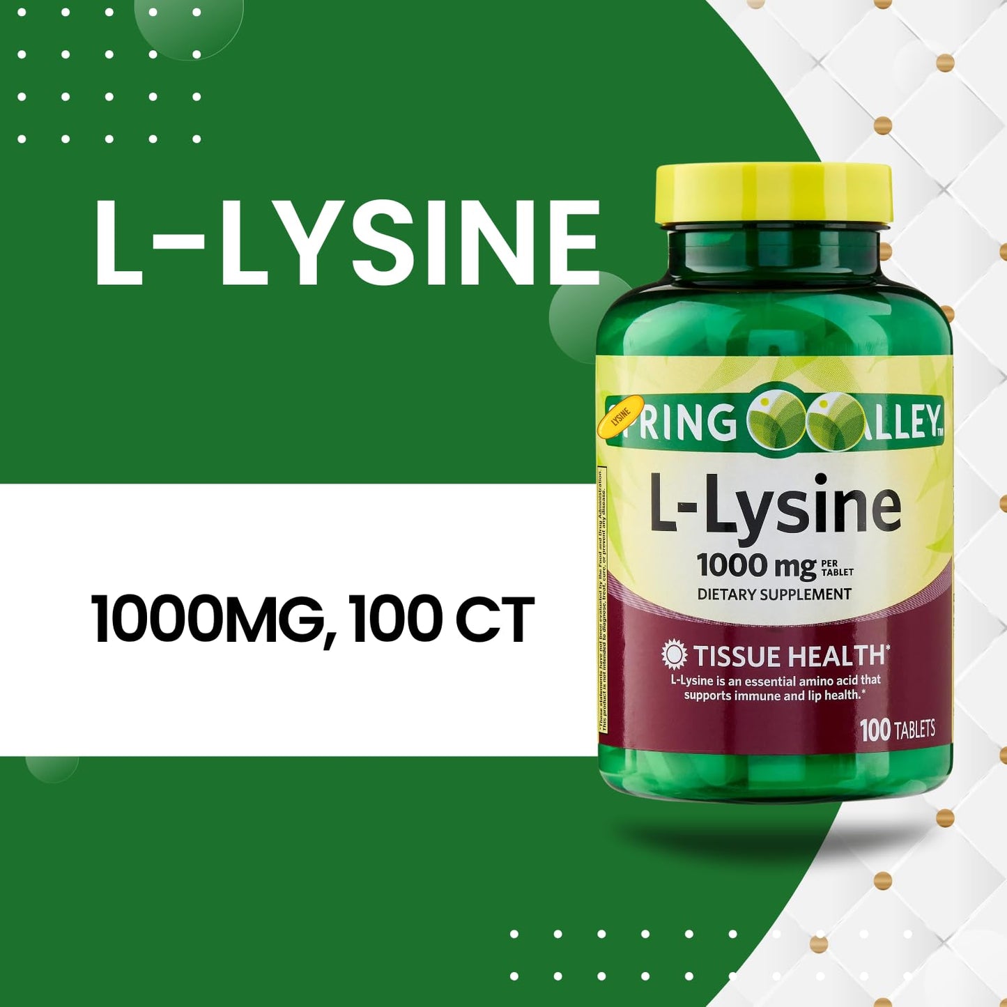 Generic L-Lysine 1000mg Amino Acid Lysine Supplement Tablet, 100 Tablets
