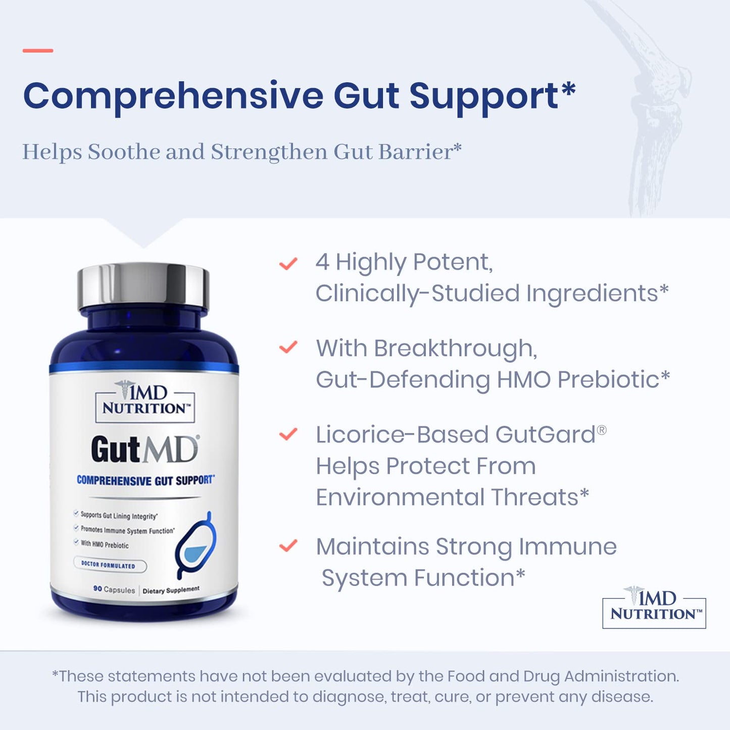 1MD Nutrition GutMD L-Glutamine and Prebiotic for Gut Integrity | Promote Digestive Tract Health, 180 Capsules