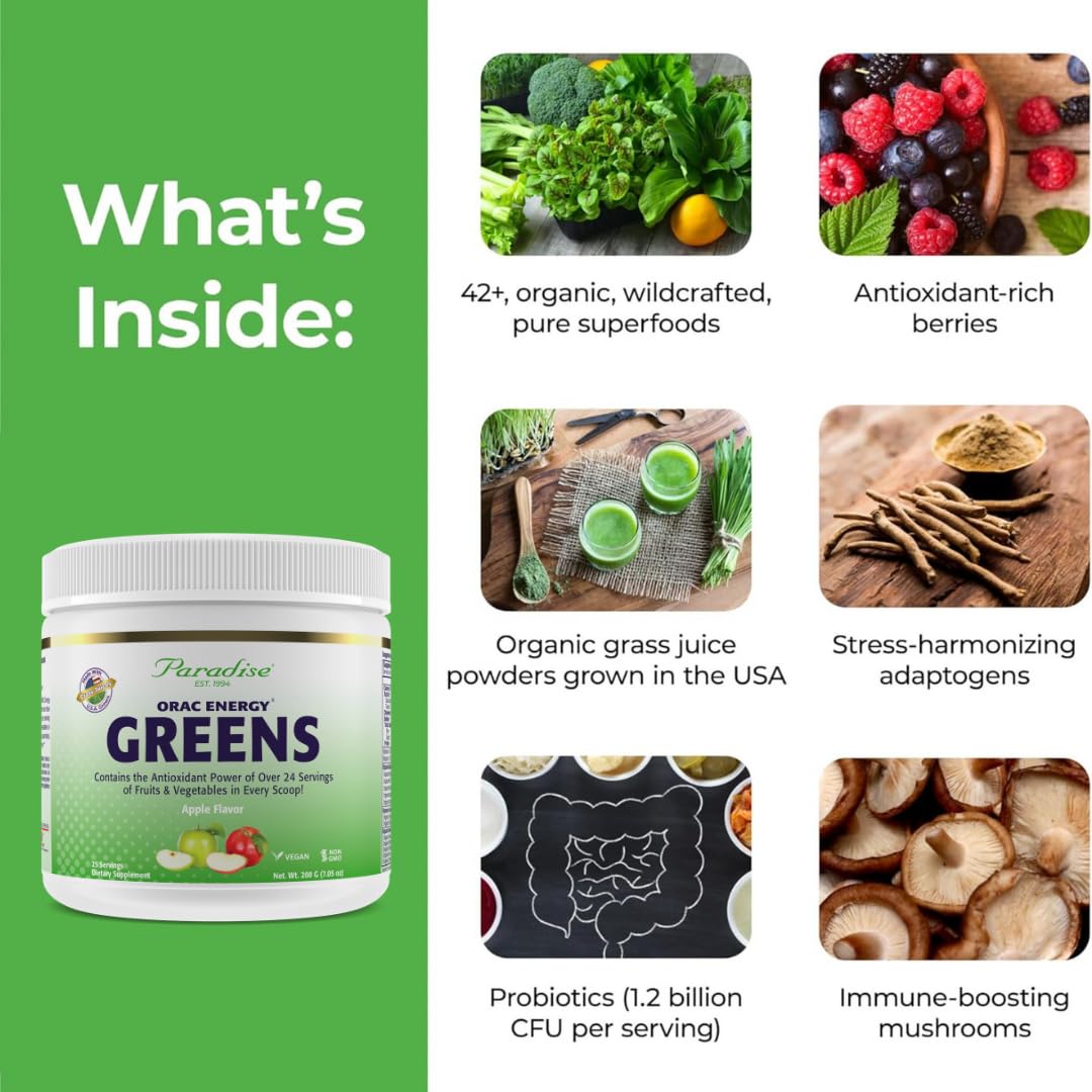 Paradise Herbs ORAC Energy Greens Apple Superfood Powder, 7.05 oz