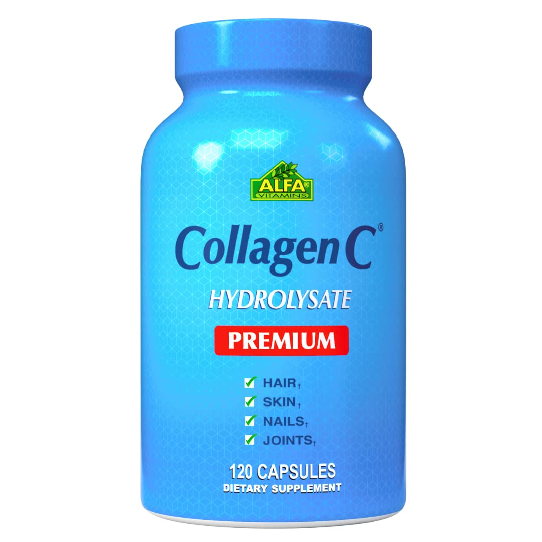 ALFA VITAMINS CollagenC Hydrolysate Premium Dietary Supplement with Vitamin C, Supports Skin, Hair, Nails & Bone Health, Enhances Collagen Production, Collagen Peptides for Rejuvenation, 120 Capsules