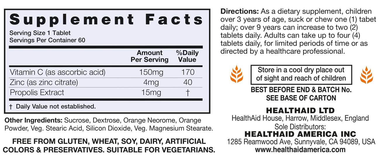 HealthAid Zincovit C (Zinc, Vit C & Propolis) Tablets 60